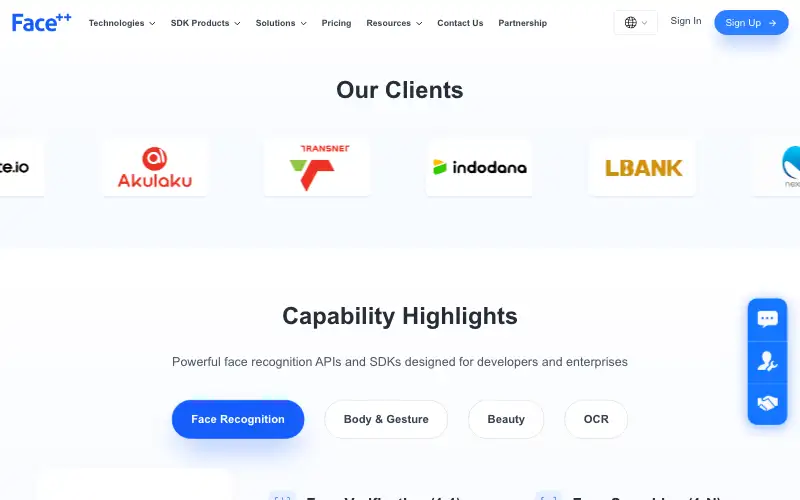 Screenshot of faceplusplus.com, further down the homepage