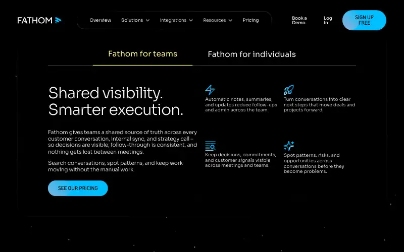 Screenshot of fathom.ai, further down the homepage