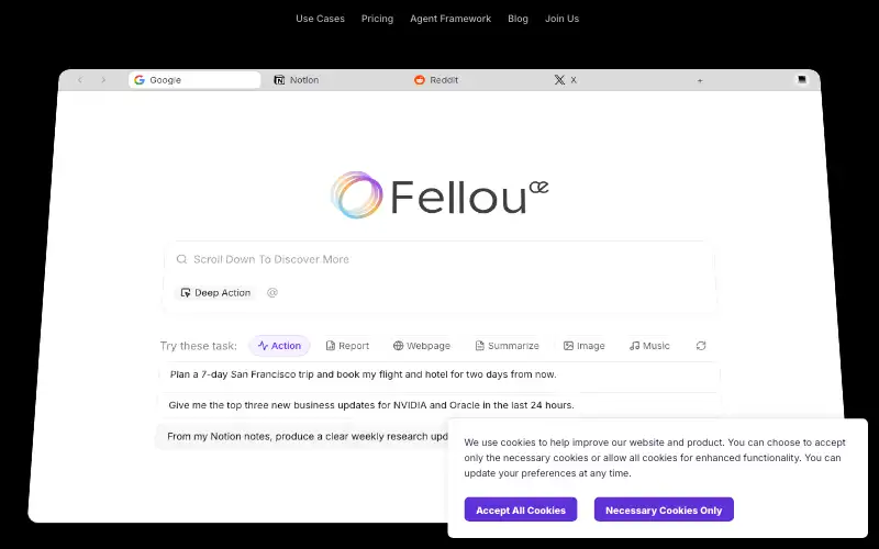 Screenshot of fellou.ai, further down the homepage