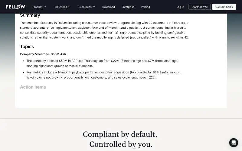 Screenshot of fellow.ai, further down the homepage