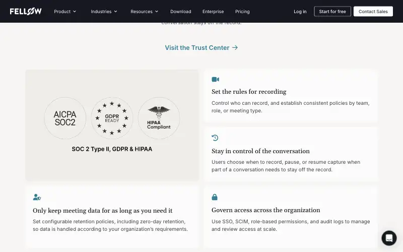 Screenshot of fellow.ai, further down the homepage