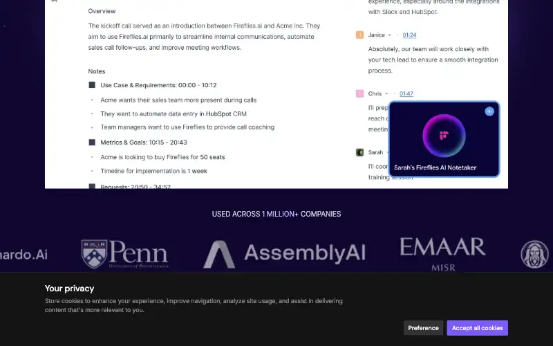 Screenshot of fireflies.ai, further down the homepage