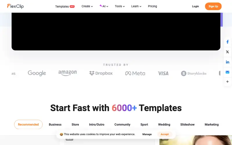 Screenshot of flexclip.com, further down the homepage