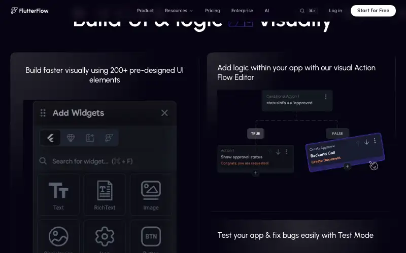 Screenshot of flutterflow.io, further down the homepage