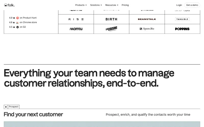 Screenshot of folk.app, further down the homepage