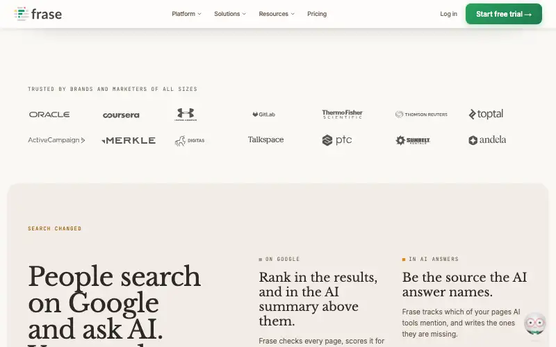 Screenshot of frase.io, further down the homepage