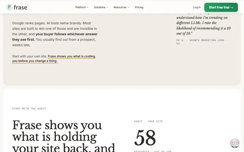 Screenshot of frase.io, further down the homepage
