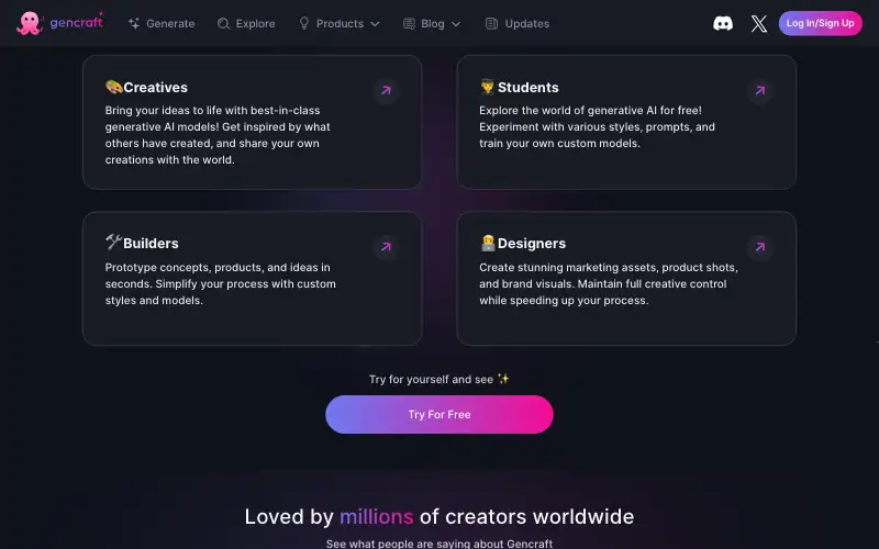 Screenshot of gencraft.com, further down the homepage