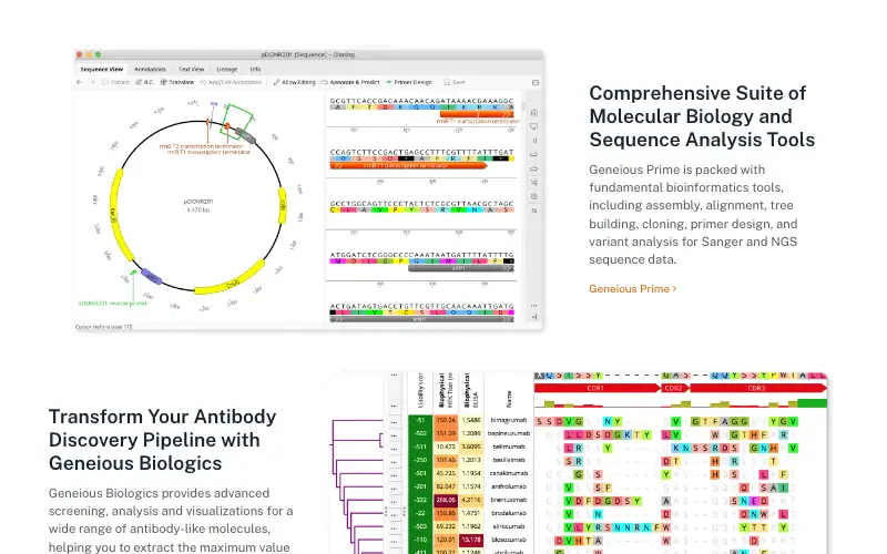 Screenshot of geneious.com, further down the homepage