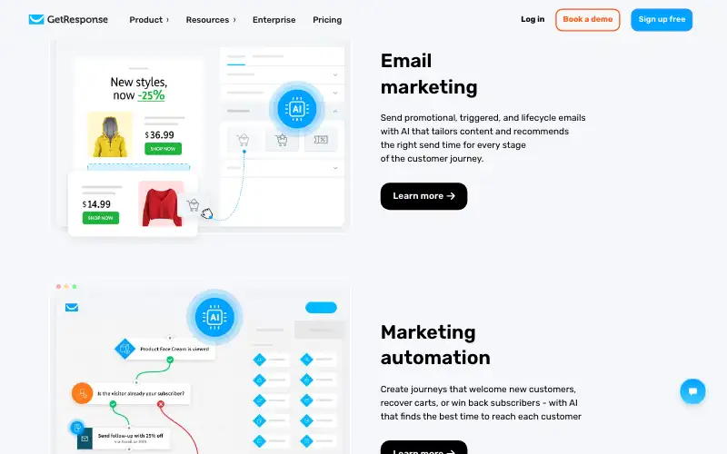 Screenshot of getresponse.com, further down the homepage