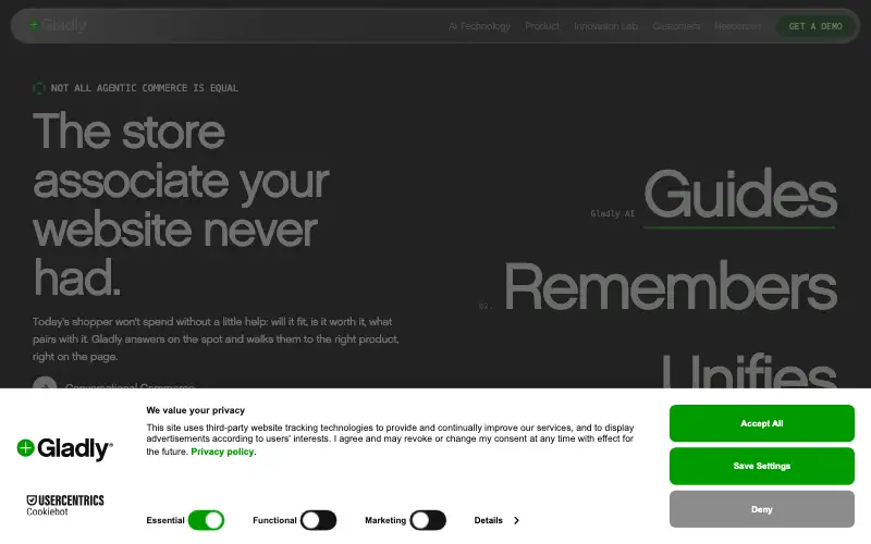 Screenshot of gladly.ai, further down the homepage