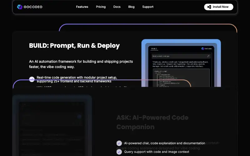 Screenshot of gocodeo.com, further down the homepage