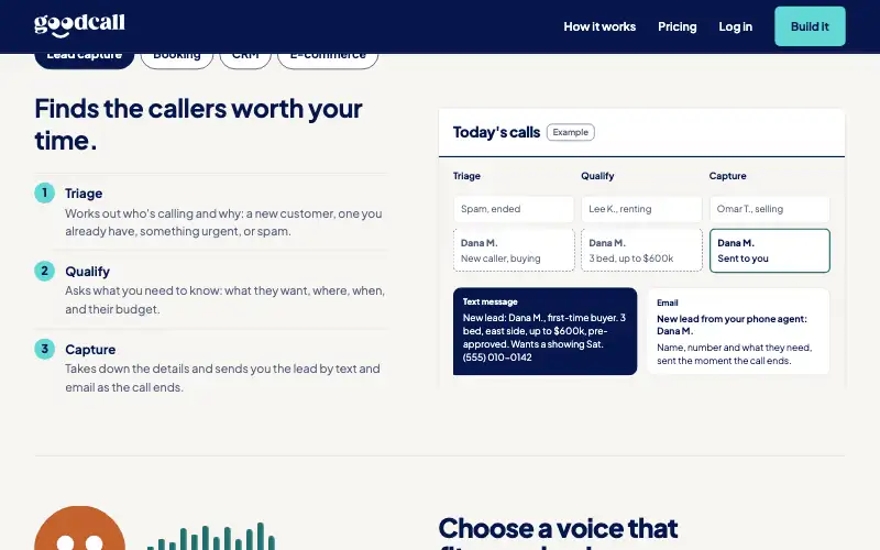 Screenshot of goodcall.com, further down the homepage