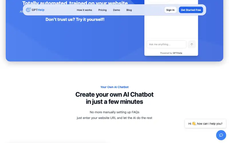 Screenshot of gpthelp.ai, further down the homepage