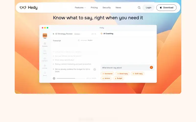 Screenshot of hedy.ai, further down the homepage
