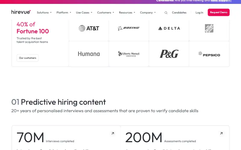 Screenshot of hirevue.com, further down the homepage
