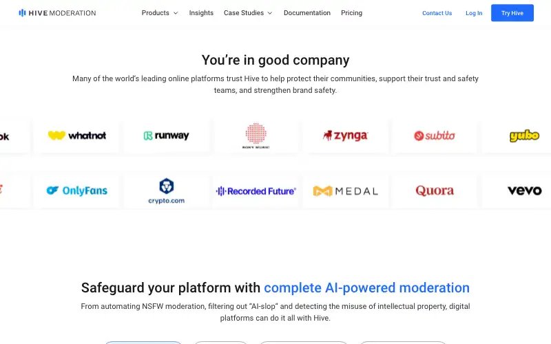 Screenshot of hivemoderation.com, further down the homepage