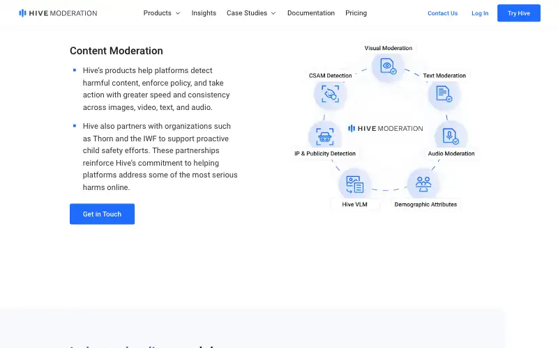 Screenshot of hivemoderation.com, further down the homepage