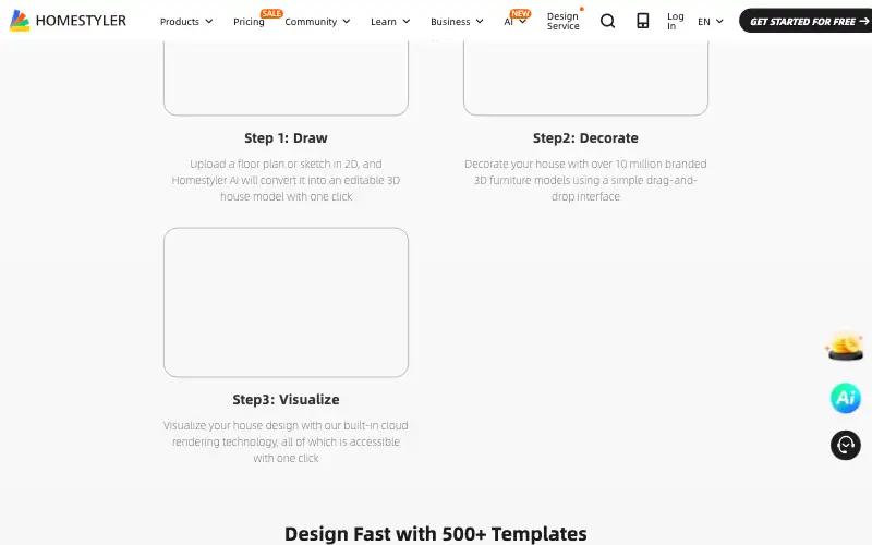 Screenshot of homestyler.com, further down the homepage