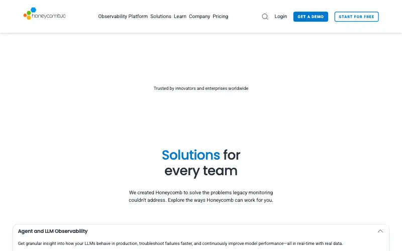 Screenshot of honeycomb.io, further down the homepage