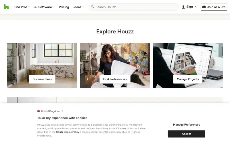Screenshot of houzz.com, further down the homepage