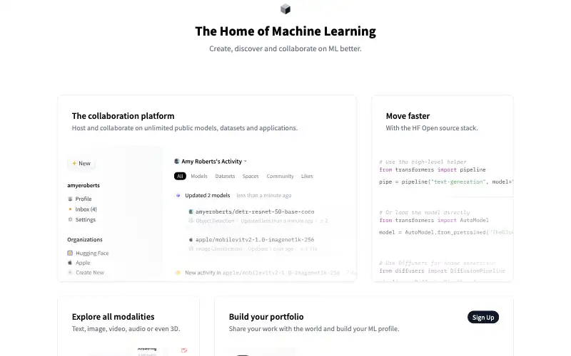 Screenshot of huggingface.co, further down the homepage