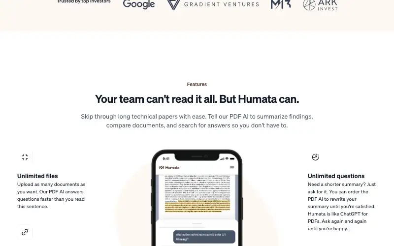 Screenshot of humata.ai, further down the homepage