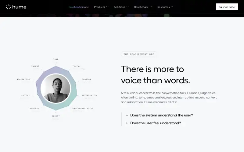 Screenshot of hume.ai, further down the homepage