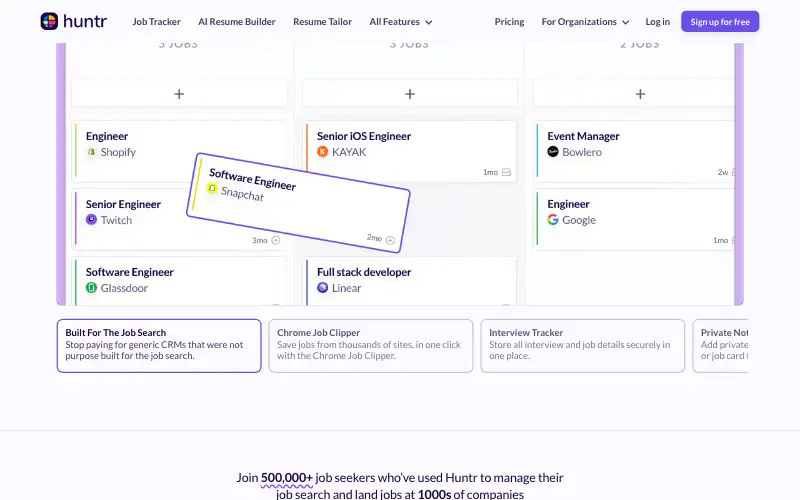 Screenshot of huntr.co, further down the homepage