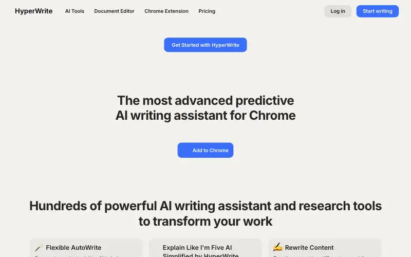 Screenshot of hyperwriteai.com, further down the homepage