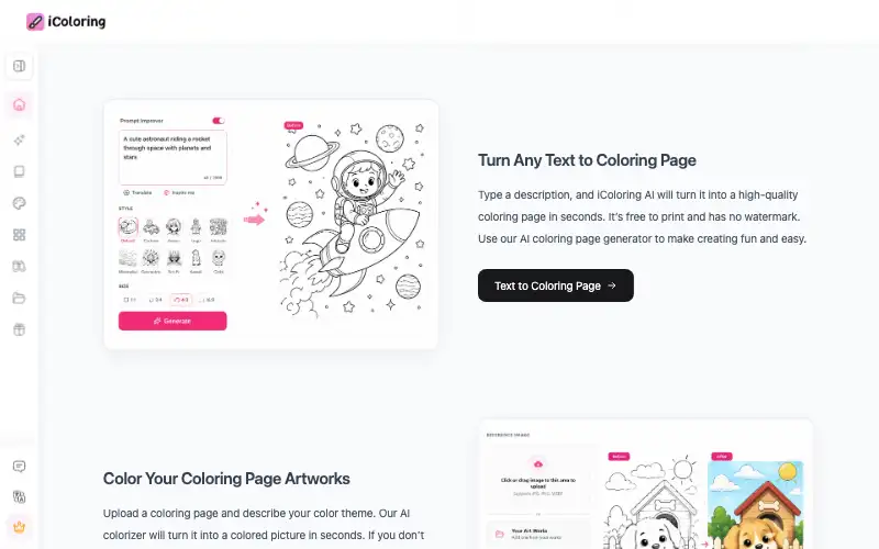 Screenshot of icoloring.ai, further down the homepage