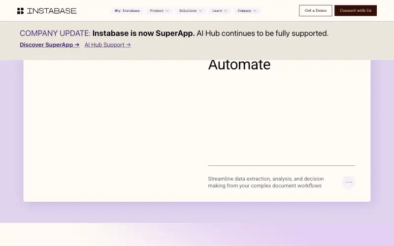 Screenshot of instabase.com, further down the homepage