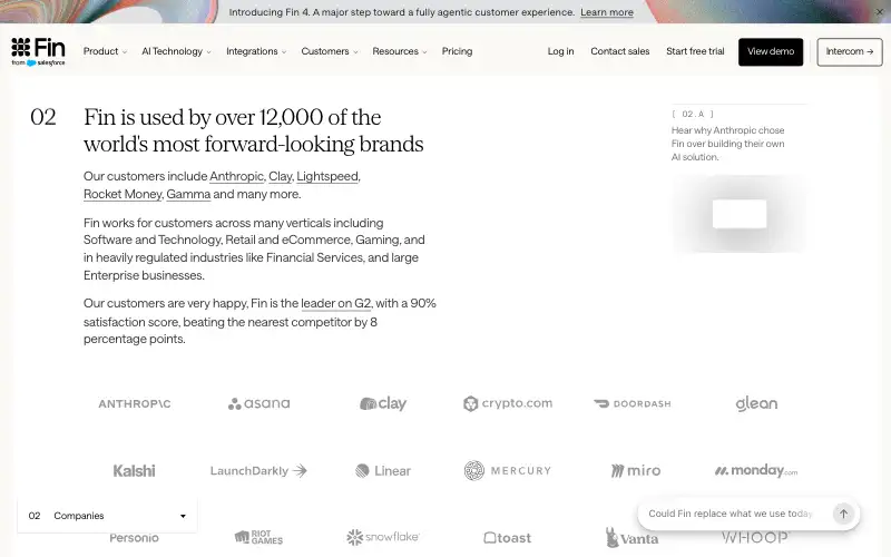Screenshot of fin.ai, further down the homepage