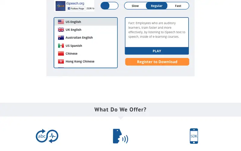 Screenshot of ispeech.org, further down the homepage