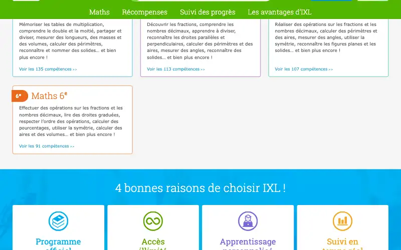 Screenshot of ixl.com, further down the homepage
