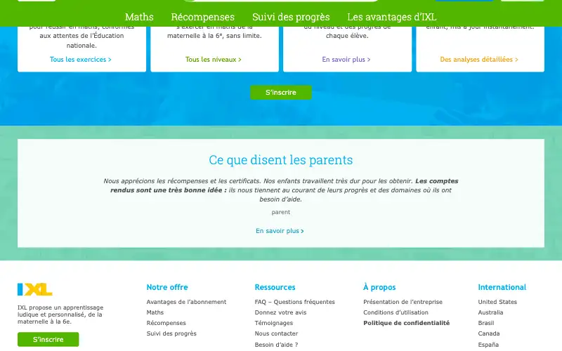 Screenshot of ixl.com, further down the homepage