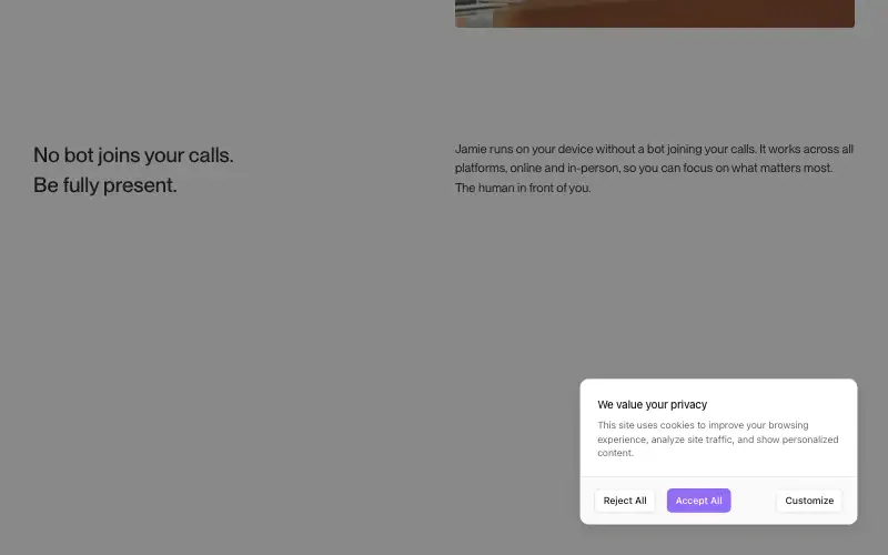 Screenshot of meetjamie.ai, further down the homepage