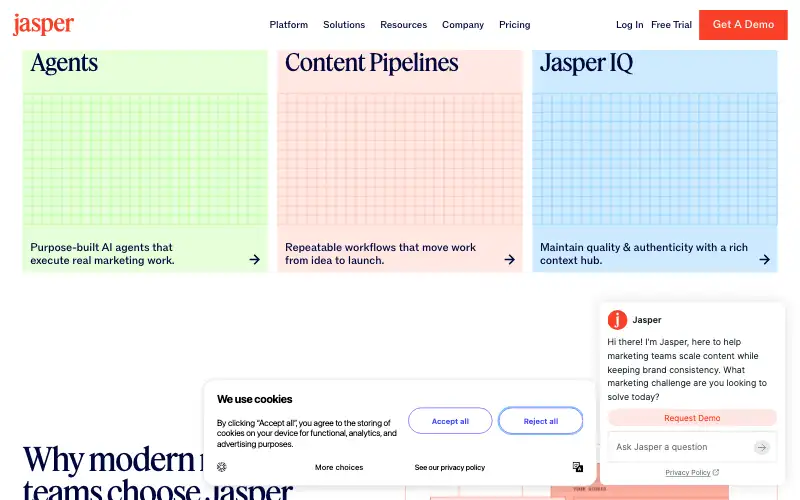 Screenshot of jasper.ai, further down the homepage