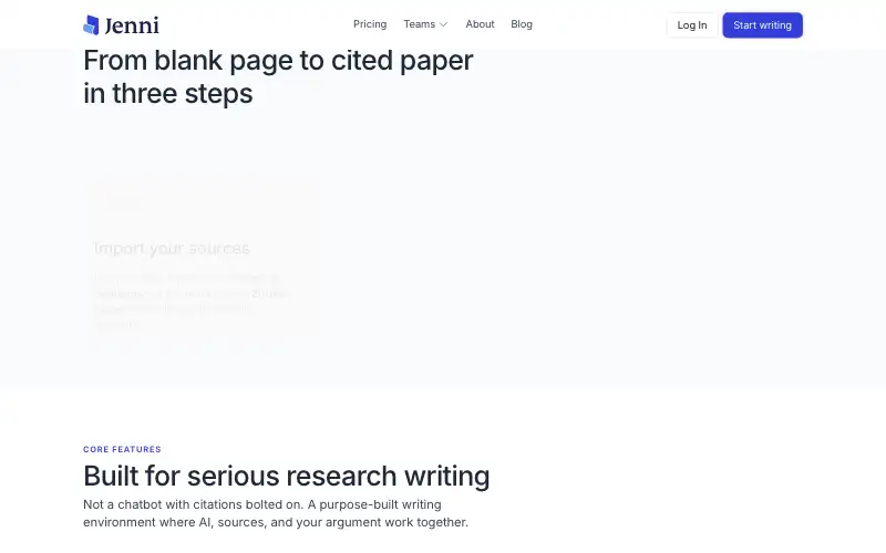 Screenshot of jenni.ai, further down the homepage