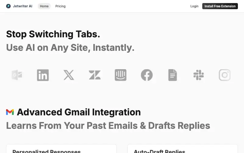 Screenshot of jetwriter.ai, further down the homepage