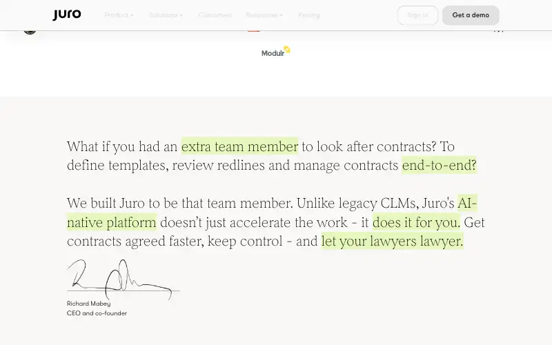 Screenshot of juro.com, further down the homepage