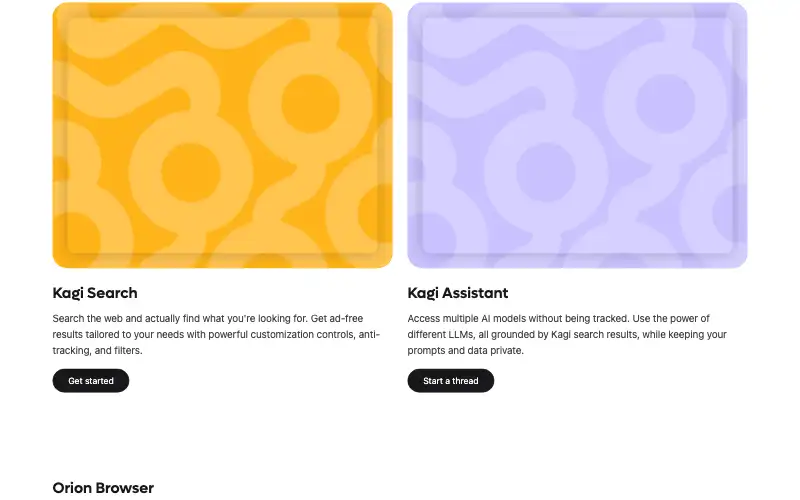Screenshot of kagi.com, further down the homepage