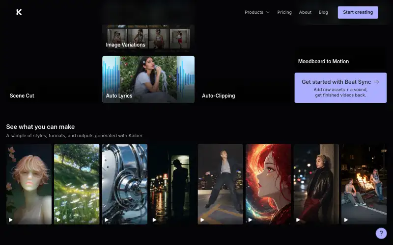 Screenshot of kaiber.ai, further down the homepage