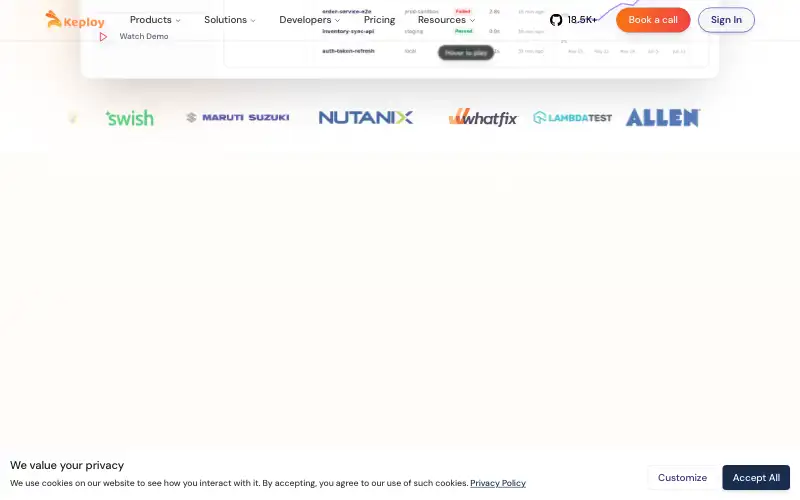 Screenshot of keploy.io, further down the homepage