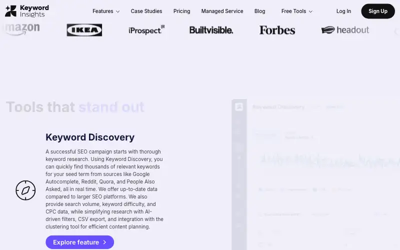 Screenshot of keywordinsights.ai, further down the homepage