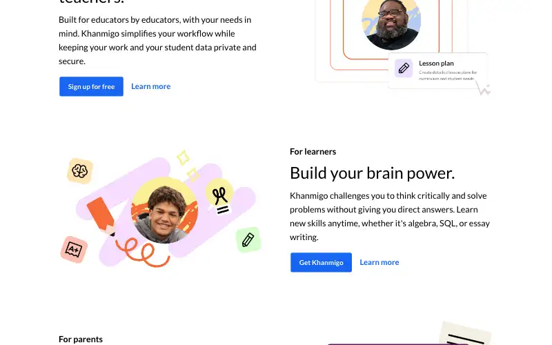 Screenshot of khanmigo.ai, further down the homepage