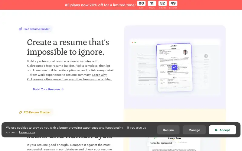 Screenshot of kickresume.com, further down the homepage