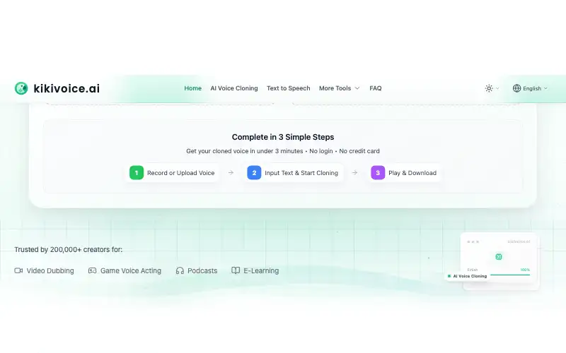 Screenshot of kikivoice.ai, further down the homepage