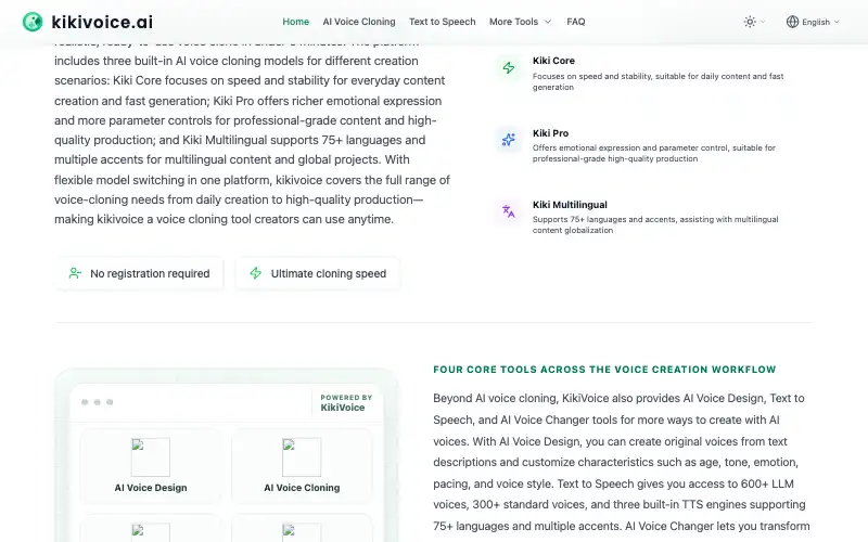 Screenshot of kikivoice.ai, further down the homepage