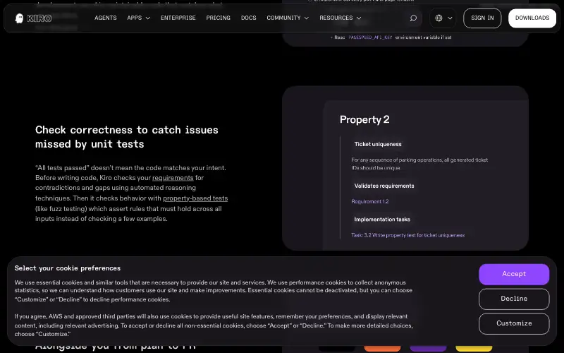 Screenshot of kiro.dev, further down the homepage